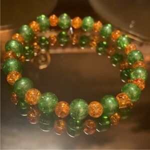 Orange and Green Beaded Stretch Bracelet